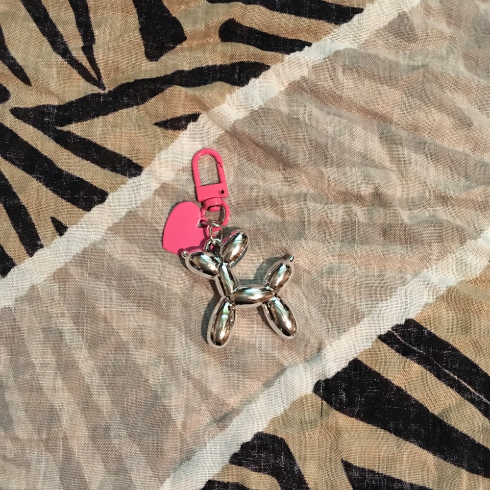 Silver Balloon Dog Charm With Pink Heart Tag And Lobster Claw Clip
